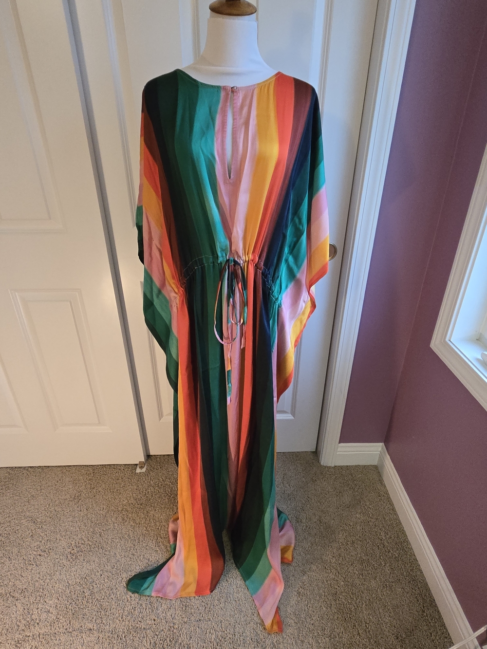 Maeve Orange and Teal Striped Viscose Caftan - One Size